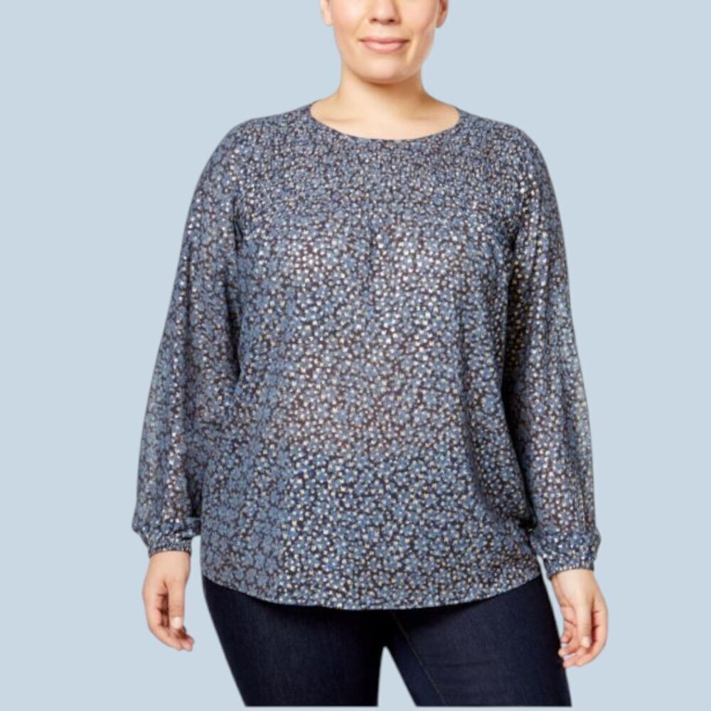 Michael Kors Women Textured Foil Long Sleeve Blouse Top Tunic Blue Gold Med EUC